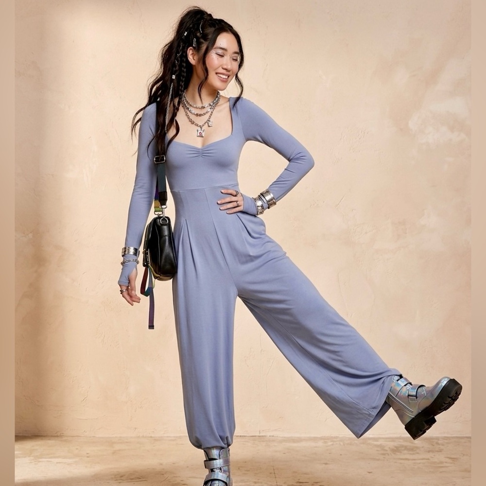 Blogilates Troposphere Blue Gray Sweetheart Wide-Leg Jumpsuit XS
